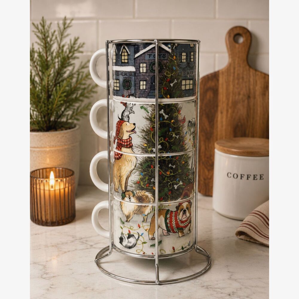 Pier 1 Holiday Dogs Stacking Mug Set 4 Ceramic Coffee Tea Cups w Metal Rack